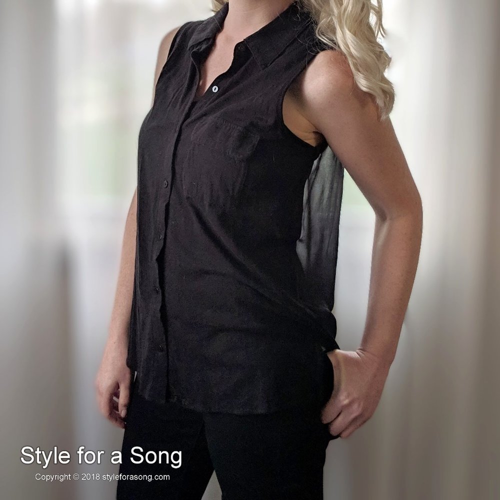 F21 Black Sheer Back Sleeveless High Low Button Down S